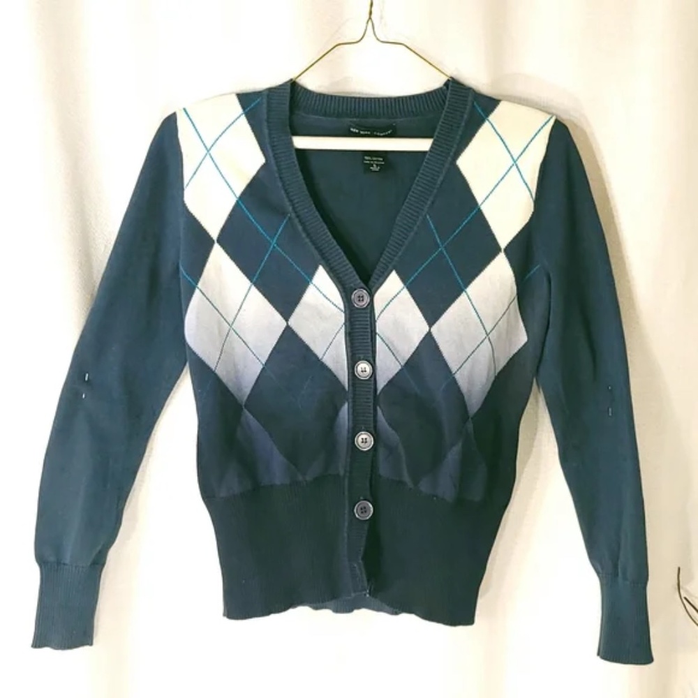 NY&Co Argyle Ombre Teal Sweater Cardigan